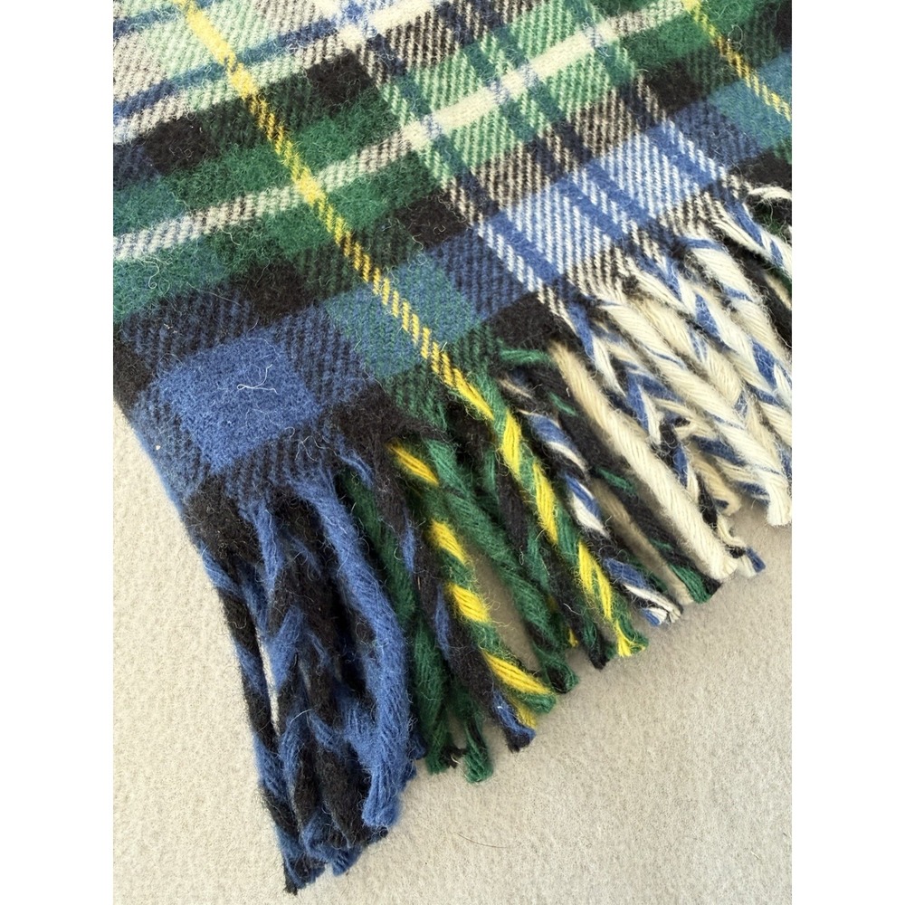 Vintage Wool Plaid Blanket by Faribault in Classic Blue Plaid Throw with Fringe